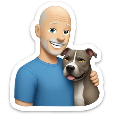 bald white mature man no beard blue eyes and blue tshirt Hugging large gray smiling pit bull sticker