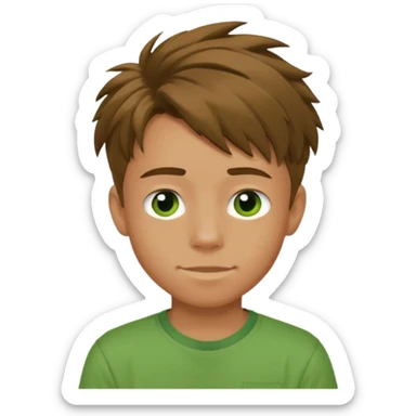 A 14 yerar old teenage boy, slightly tanned, wearing a green tshirt (no pocket), blue jeans and green sneakers with brown tousled hair, smirking sticker