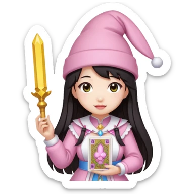 pixel art chibi asian girl with dark long hair in pink bunny hat magical girl with kawaii tarot cards thrown in air pixel emoji sticker