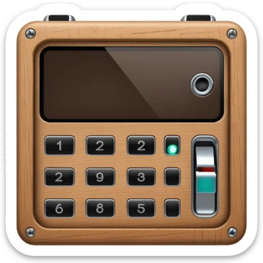 wooden rectangle keypad with a black small screen and a door holder sticker
