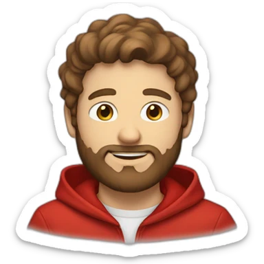 white dude smiling with a brown beard and short brown hair with a red hooded hoodie with "Posh" on the hoodie sticker