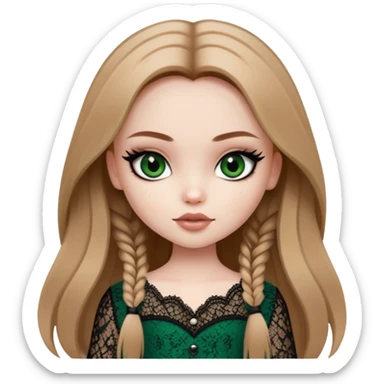pretty bratz girl, long straight light brown hair, dark green eyes, black eyeliner, pale skin, dark girly lace clothes sticker