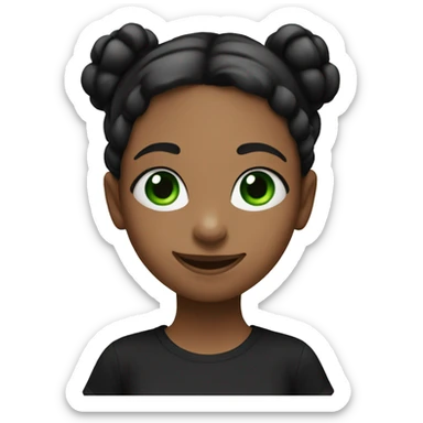 A girl with two black pigtails, in a black T-shirt, with green eyes and a cute smile sticker