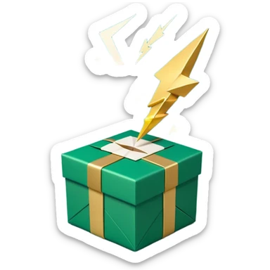 3D minimal open gift box with small floating icons coming out (envelope, lightning bolt, sparkle), matte finish, deep green (#0B3D2C) box, gold (#C9B037) icons, Apple style, ultra minimal, soft shadow, transparent background sticker