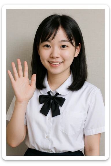 Asian girl, black hair, white skin, in a white school uniform, waving, friendly and approachable sticker