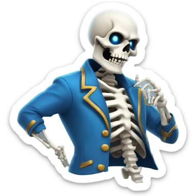 Skeleton with ONE blue glowing eye summoning mahoraga in a blue jacket with a white shirt sticker