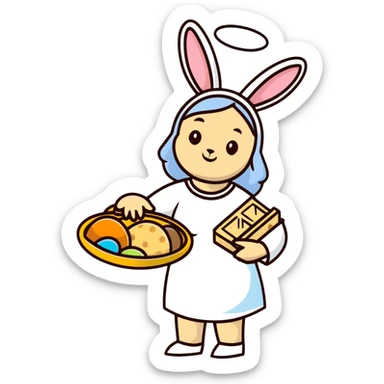 Feminine spring goddess Eostre with halo, Easter bunny, and Passover matzo symbols combined in one harmonious design sticker