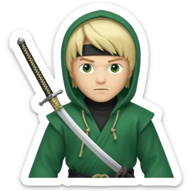 Green ninja Lloyd garmadon blonde hair, kaptur hoody on his head but blonde grzywka visible; the bottom left one is best (the one without miecze + black band + no mask of face) but add miecz; I want no band on head  sticker