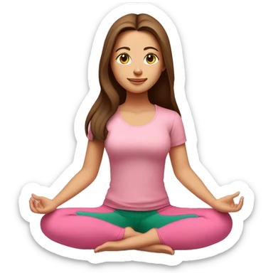 A girl with brown long hair, fair skin and green eyes is meditating in a relaxed lotus position in a comfortable pink top and pink leggings sticker