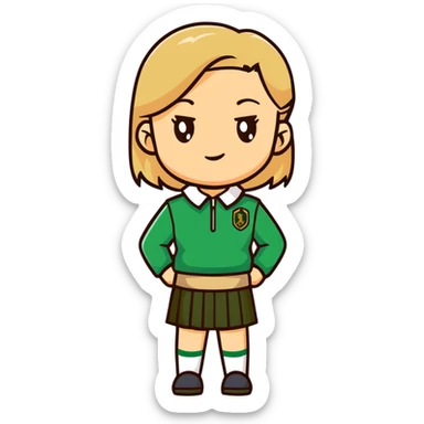 girl in a school uniform wearing a green polo, beige skirt, grey zipper jacket sticker