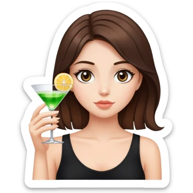 brunette hair down girl black top holding one cosmo sticker