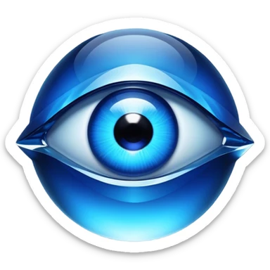 Cinematic Realistic image of a glass Evil Eye blue stone, rendered with translucent, luminous blue hues and finely cut facets that catch soft reflective light, set against a dark, minimalist backdrop to emphasize its mystical allure. sticker