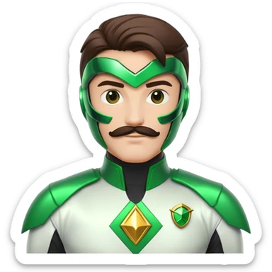 Green power ranger with white suit instead of green, with a visible mustache under the helmet sticker