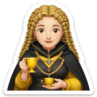 Helga Hufflepuff, 2 curly thick brown braids, yellow-black medieval dress, black cloak decorated with gold braiding, tiny two-handled shiny yellow-gold cup, very kind smile, curvy busty sweet woman, thick rosy cheeks sticker