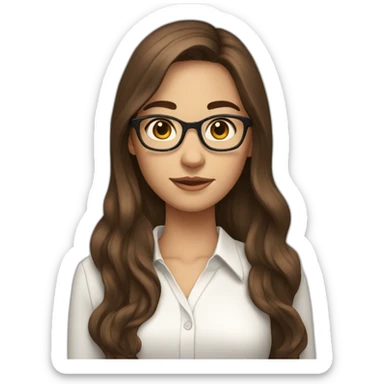 Girl with a long brown hair, brown eyes, glasses, white blouse and telephone  sticker