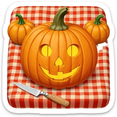 Pumpkin carving on a red gingham blanket  sticker