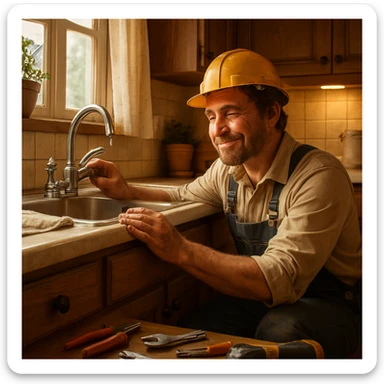 The construction worker kneeling by the sink, hands dirty, calmly fixing the leaky faucet, tools scattered nearby, a gentle smile on his face, warm lighting in a cozy home kitchen. sticker