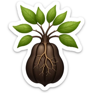A beautifully arranged black ginseng root (heuksam), in Apple iPhone emoji style. Dark brown-black glossy color, subtle texture on the root, elegant curves, vibrant but natural tones, smooth gradients, clean simple shapes, no outlines, slight 3D depth.
 sticker