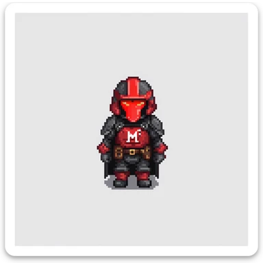 military person in black and red armor, wearing a black flag on back with red letter M in center sticker