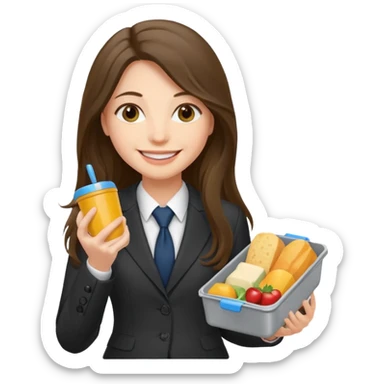 long haired woman with suit holding food container sticker