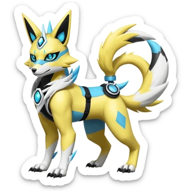 Shiny cyan yellow white electric complex futuristic white-cyber-masked Zeraora-Renamon-Electrike-Umbreon-Lombax-Weregarurumon-fusion-creature (full body sticker