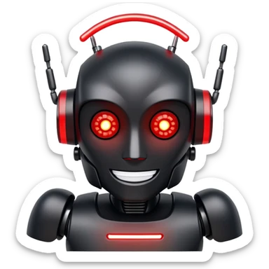 modern face of a black robot with white led eyes, red leds on robot, brave pose, smiling sticker