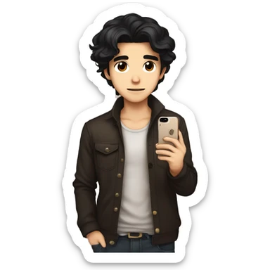 masterpiece,anime style,chibi,illustrated logo,medium short shot,twitch emote of a guy taking a picture with an iphone in front of a mirror,black hair,all brown skin,black shirt,hair half backcombed
 sticker
