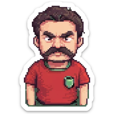 Recep İvedik, burly man with thick mustache, bushy eyebrows, red t-shirt, grumpy comedic expression, pixel art style sticker
