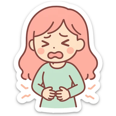 hungry woman holding her belly, face looks very uncomfortable, anime style, dramatic lighting sticker