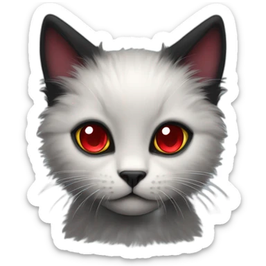 A fluffy black kitten with a white chest and piercing ruby red eyes sticker
