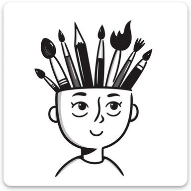 Art tools and brushes forming the shape of a human face, representing artistic identity sticker