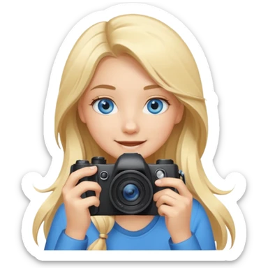  blue eyes blonde girl photographer cartoon taking picture in middle of taking picture camera in front of face long hair smiling funny flash professional, camera in front of face sticker