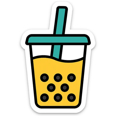 colorful outlined icon of a boba tea cup with straw and pearls sticker