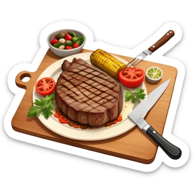 icon featuring a chef’s hat, a cutting board with fresh ingredients, a knife, a beautifully cooked ribeye steak, shashlik skewers, and a plate of food in the making. The design captures the passion of cooking with warm, inviting colors, and realistic textures. Transparent background. sticker