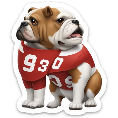 Football player red jersey with white bulldog sticker