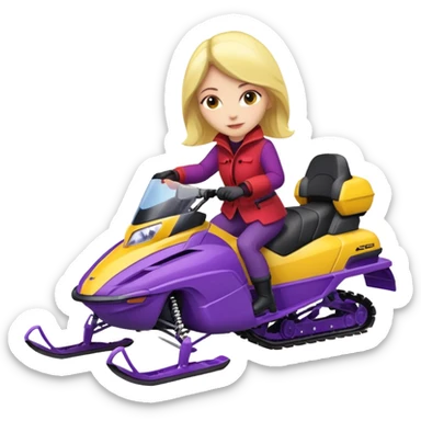Woman wearing red coat  on purple and yellow snowmobile sticker