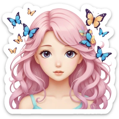 gorgeous anime pastel lady with butterflies and beautiful hair sticker