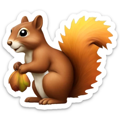 A fluffy squirrel holding acorns, with autumn leaves around it sticker