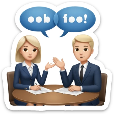 Two people sitting at a table with a large contract or paper between them and speech bubbles above, symbolizing negotiation and agreement signing. sticker