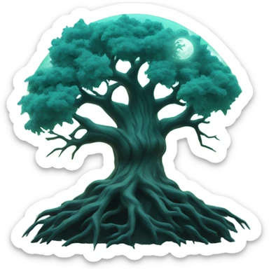 scary tree with teal moon in background illuminating sticker