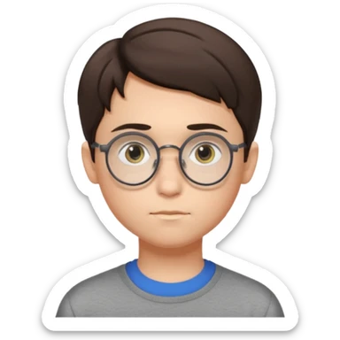 BRUNETTE teen boy with medium short middle parted hair, GREY eyes, round Glasses looking judging to the Side sticker