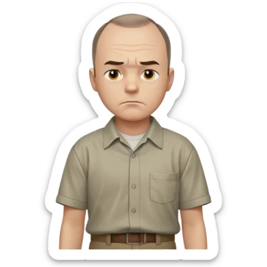 Carl from Sling Blade, serious expression, recognizable features, chin sticking out, slouching posture, no glasses, shirt with collar,  side view,show his entire body, he is standing. three-quarter face angle. He sticks his head forward. change face style sticker