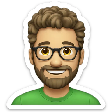 A 25 years old French man that is joyful, with a beard, he is trustworthy, smart, loving, with glasses, wearing a green t-shirt sticker