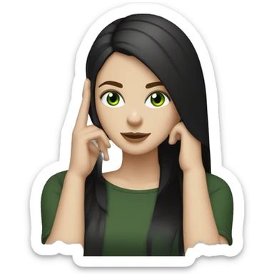 White  girl with dark straight hair green eyes, black clothes, listening to music  sticker
