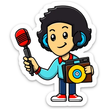 Nardwuar holding vinyl records and his signature microphone sticker