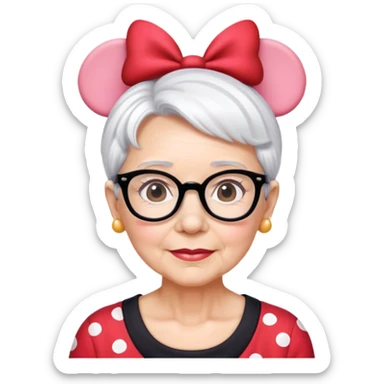 Older woman short White hair wearing glasses Minnie mouse ears sticker