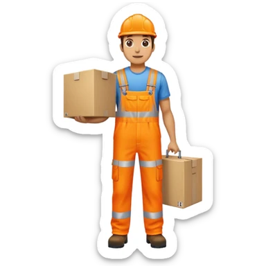 man standing sideways, wearing orange hi visibility overalls, carrying a large box sticker