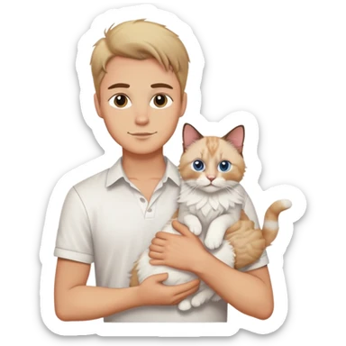 A young handsome Caucasian man in a white shirt holding a ragdoll cat sticker