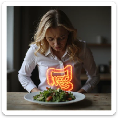 adult woman, photorealistic, intestinal pain, sitting at table with salad plate, intestine highlighted with glow effect, suffering expression, natural light, kitchen background sticker
