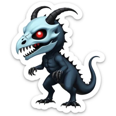 Shiny Dark Edgy  Duskull-Salandit-Inteleon-Amaura-Fakémon-hybrid-creature (full body) with a horned animal-skull-mask sticker